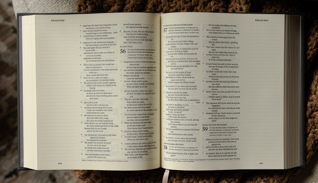 An open bible on a knitted blanket