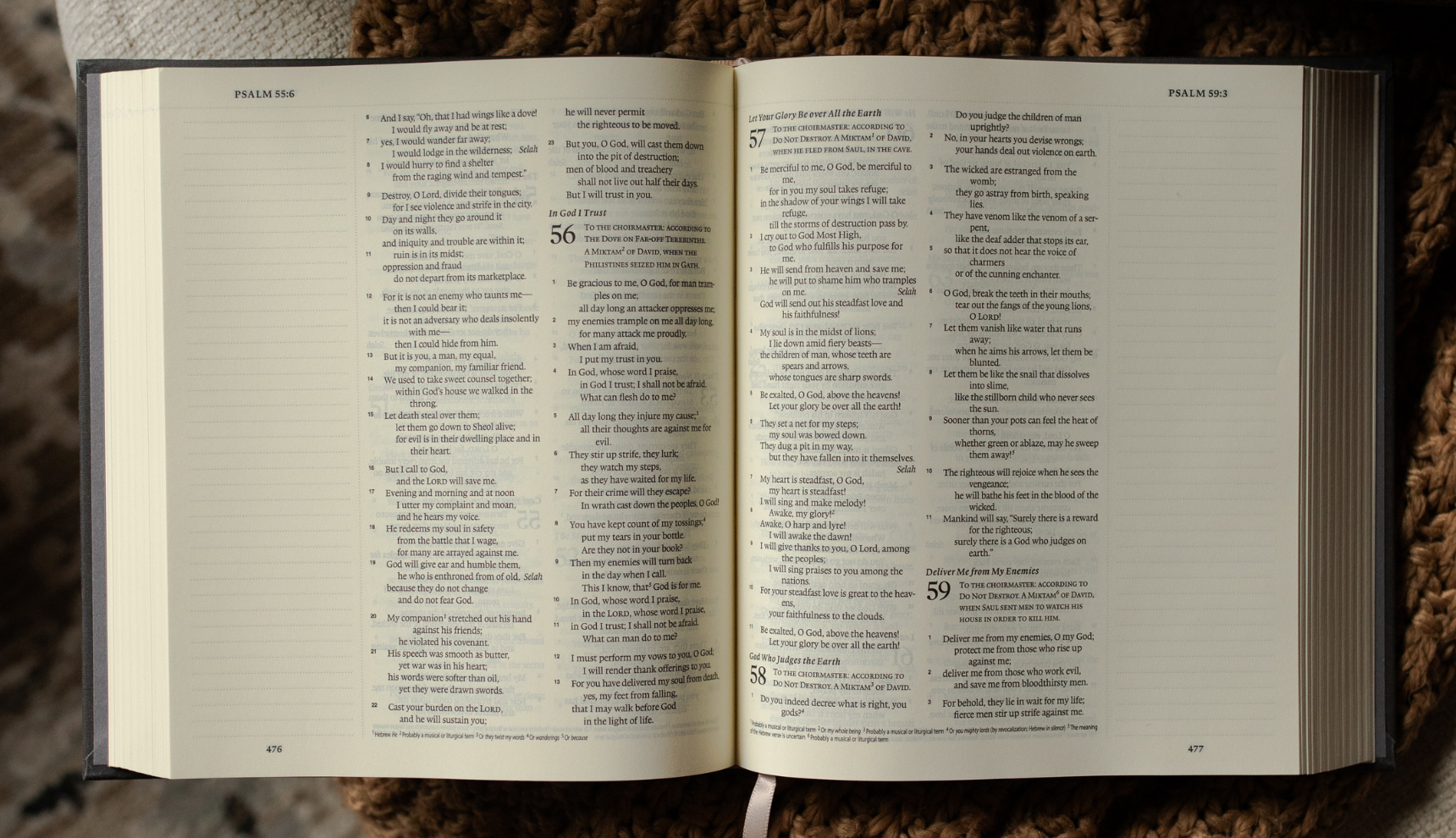An open bible on a knitted blanket