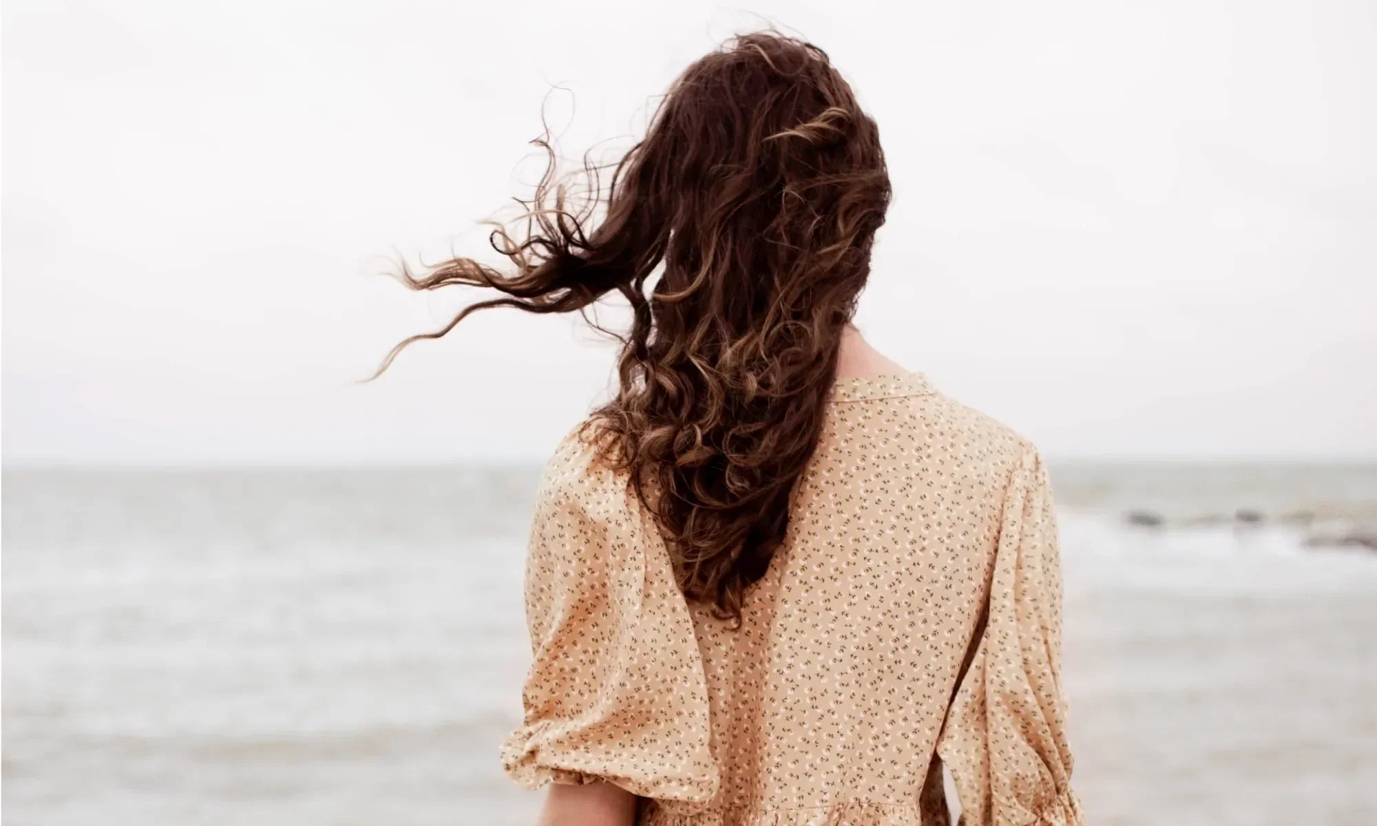 A woman with her back facing the camera looking over a large body of water
