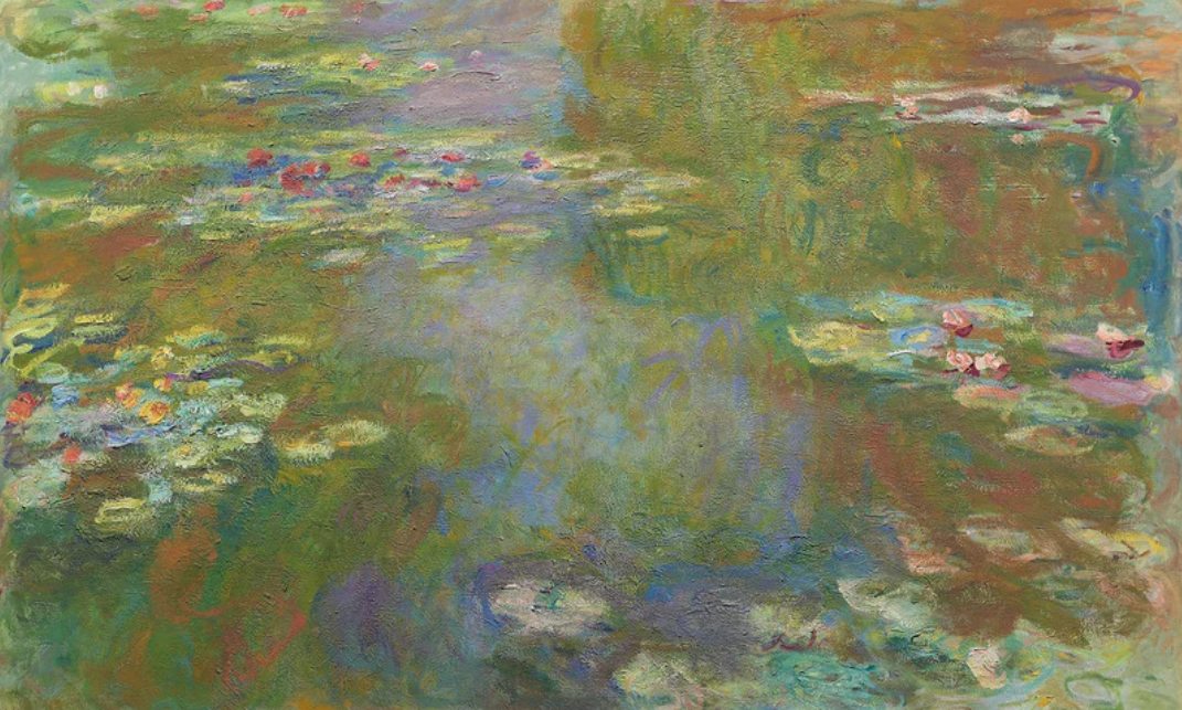 A watercolor painting of a river with lilies