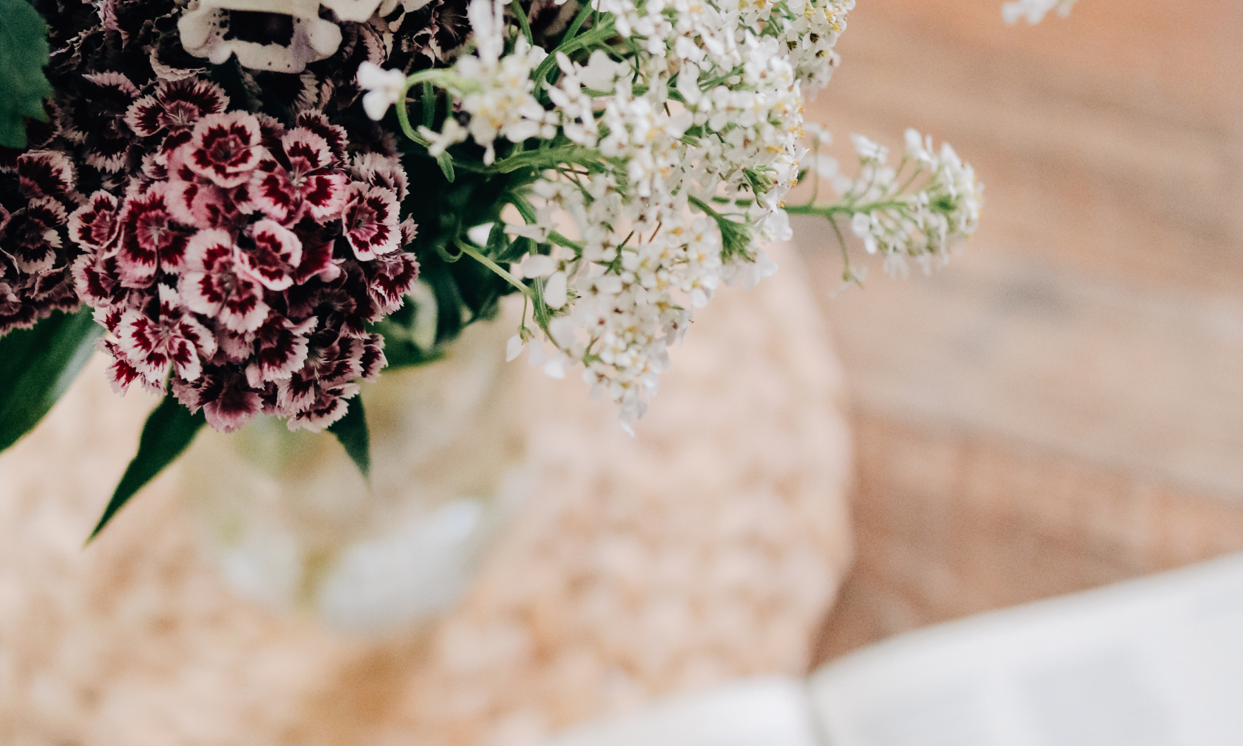 Close up of red and purple flowers near some small white flowers
