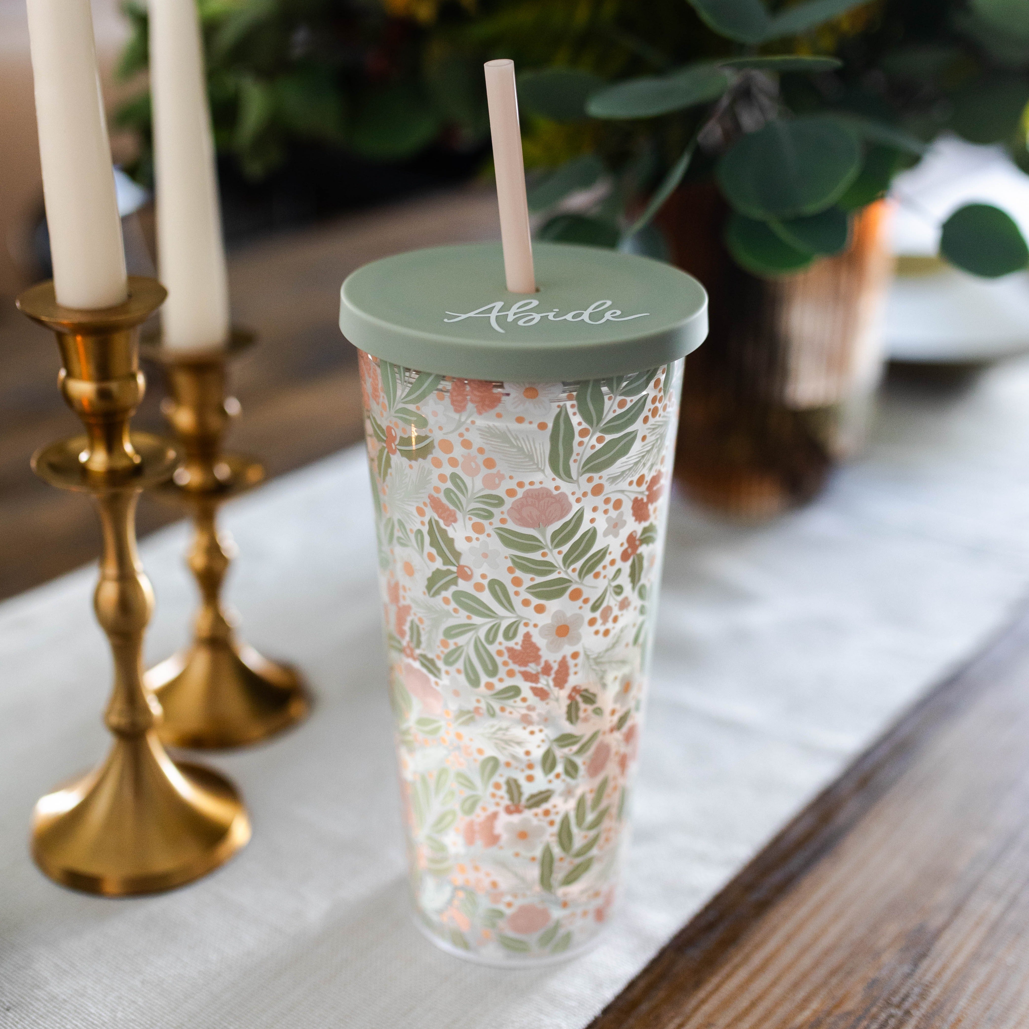 Rose Gold Floral Glass Can With Lid and Straw 