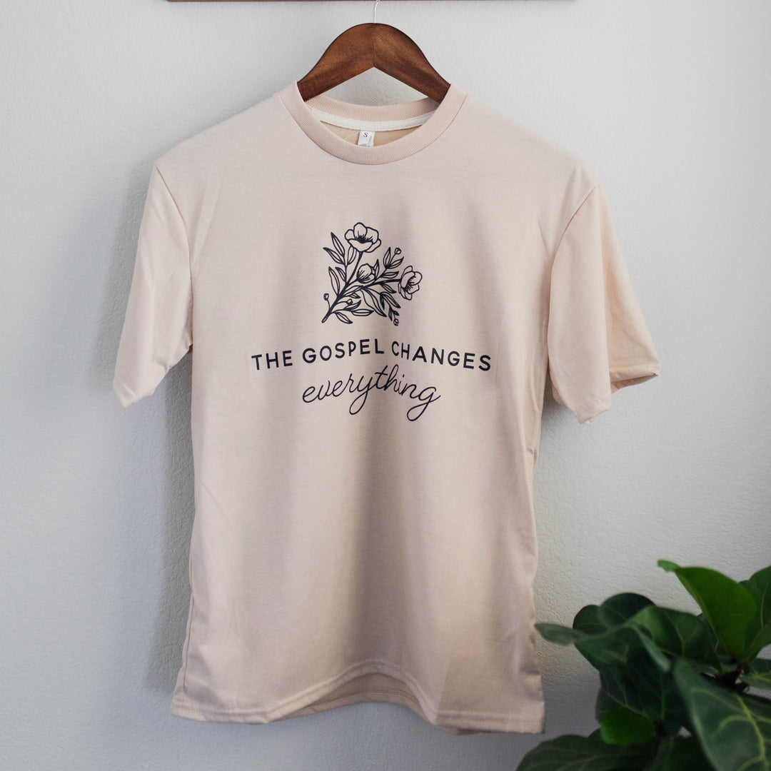 cream t shirt that says the gospel changes everything christian apparel