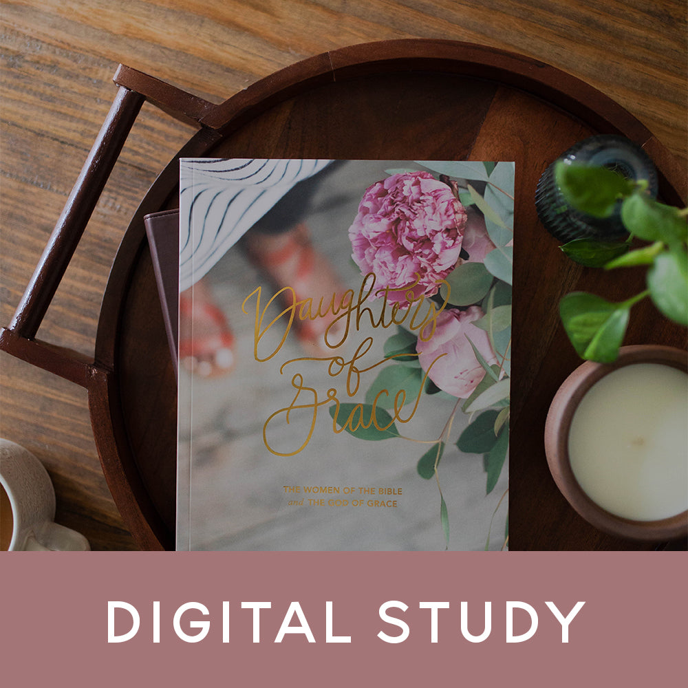 Bible study sitting on a tray next to a candle with the words Digital Study overlaying the image.