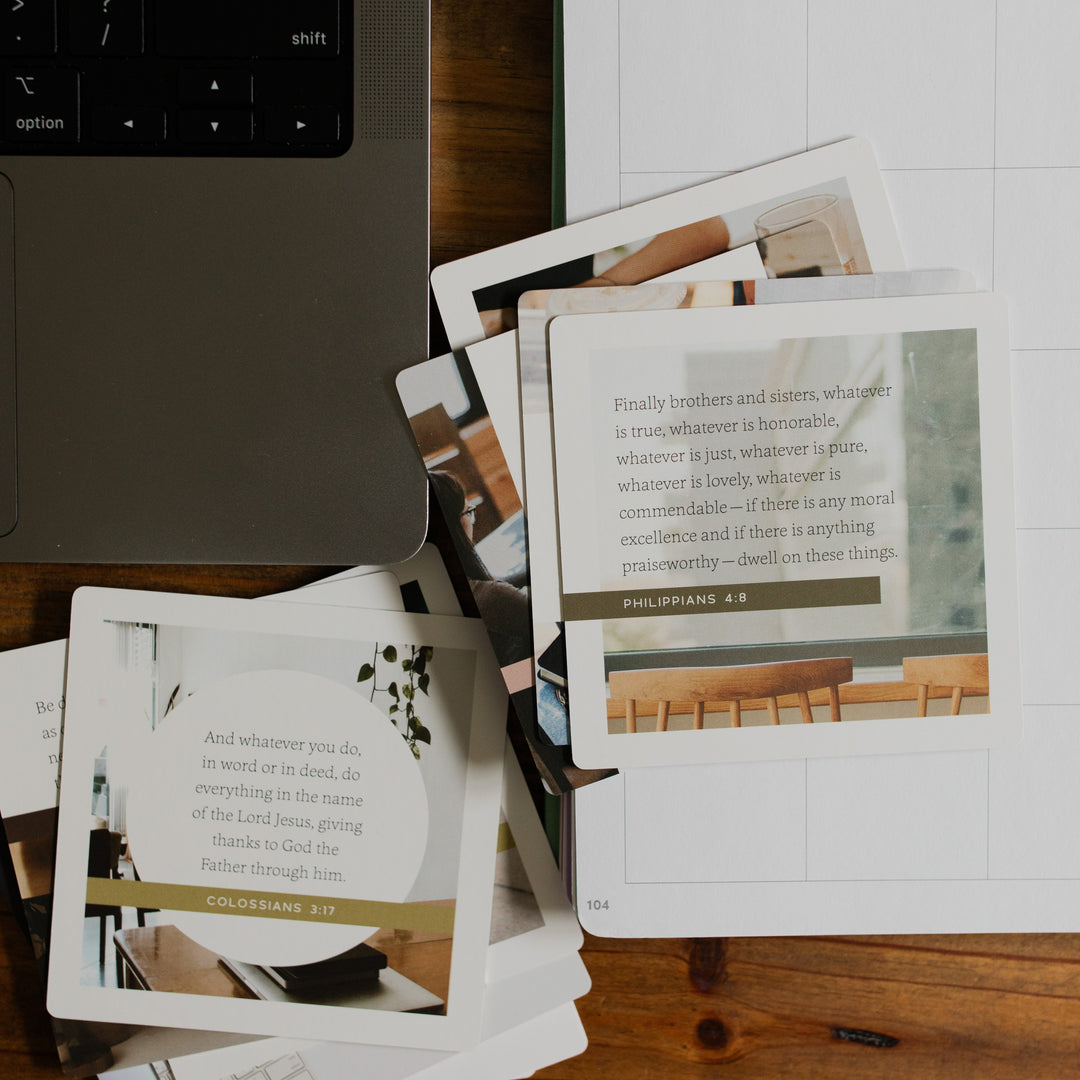 Rounded Edges Encouragement for the Workplace Verse Cards split into two piles showing the backs of the cards on a calendar and next to a keyboard