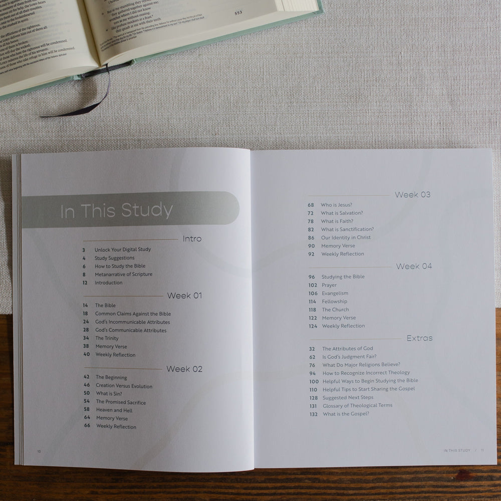 Table of contents in faith foundations christian bible study for teens open on a table with a bible