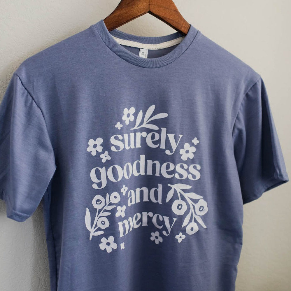 Christian t shirt with Goodness and mercy lettering and floral design