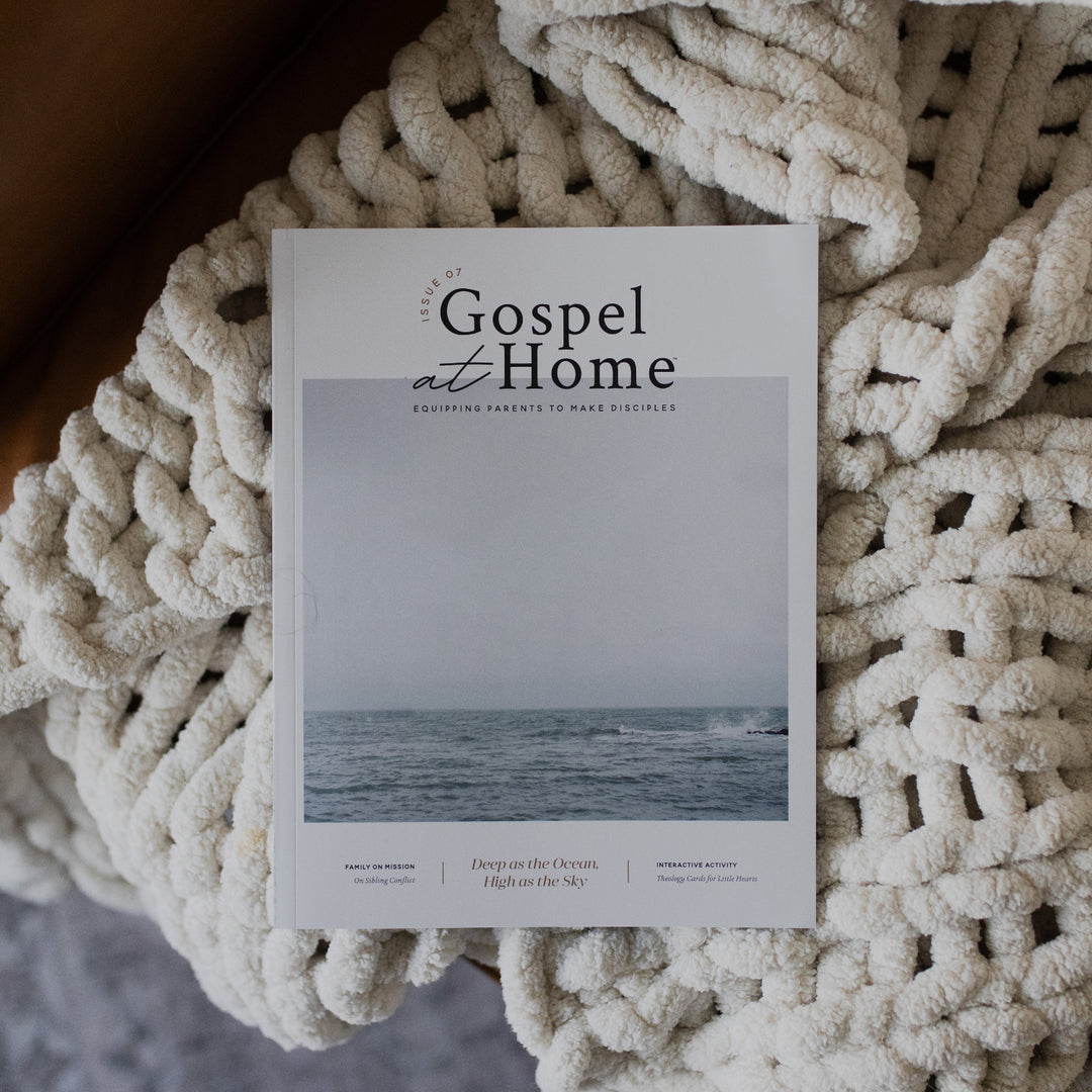 Gospel at Home Issue 7 cover page on white knitted blanket