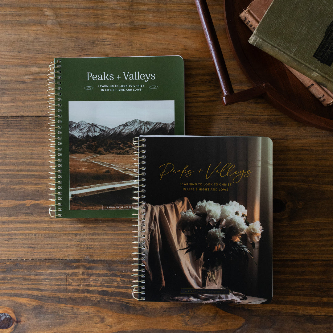 Peaks and Valleys Women's Version and Mens Version Study on a brown wooden table next to a dark brown wooden tray