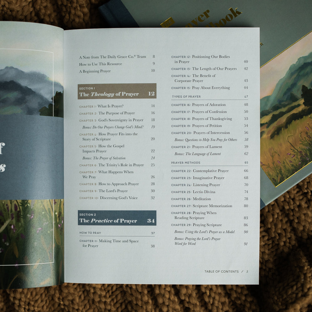 The Companion Guide to The Prayer Handbook opened to the Table of Contents laying on a Prayer Handbook on a brown knitted blanket