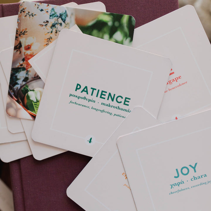 Fruit of the Spirit verse cards with the individual words, definitions and Greek word
