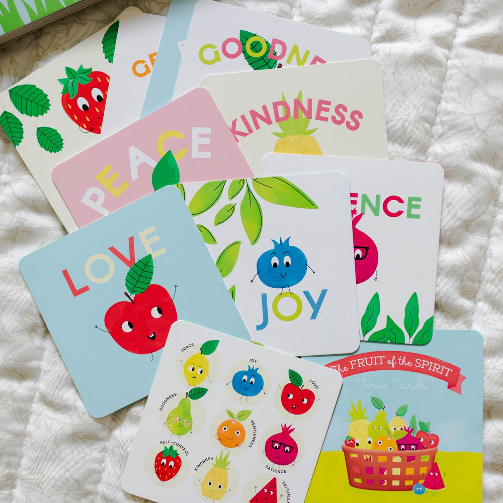 Front of the Fruit of the Spirit Verse Cards all laid out on a blanket