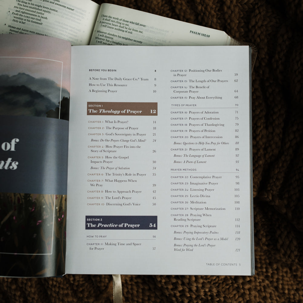 The Prayer Handbook opened to the table of contents on an open bible on a brown knitted blanket