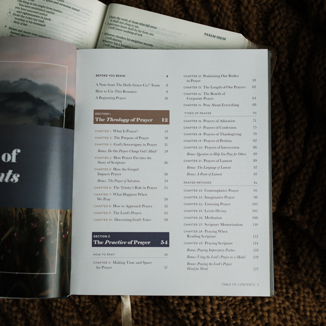 The Prayer Handbook opened to the table of contents on an open bible on a brown knitted blanket