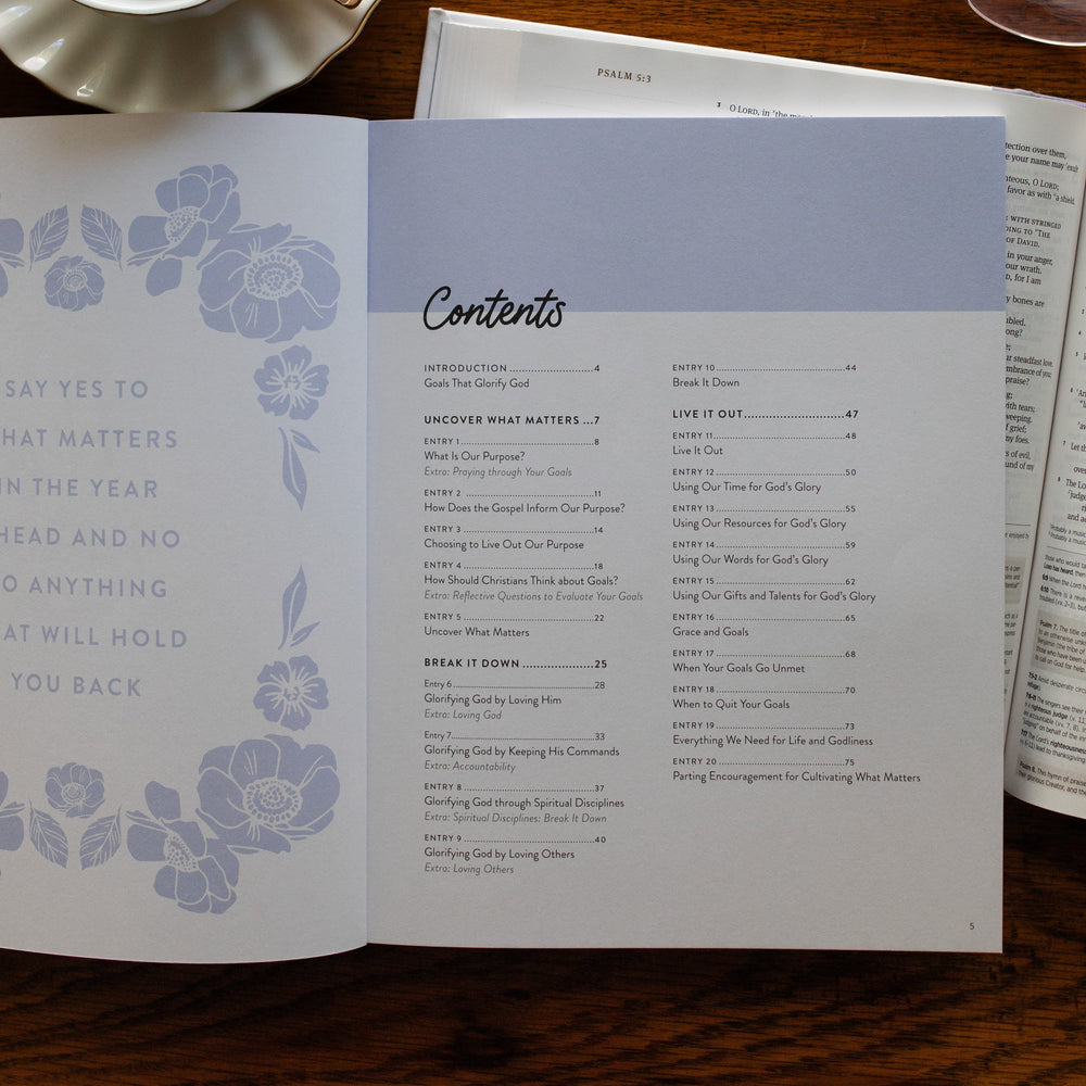 This Is His Year Christian goal setting workbook table of contents on a table
