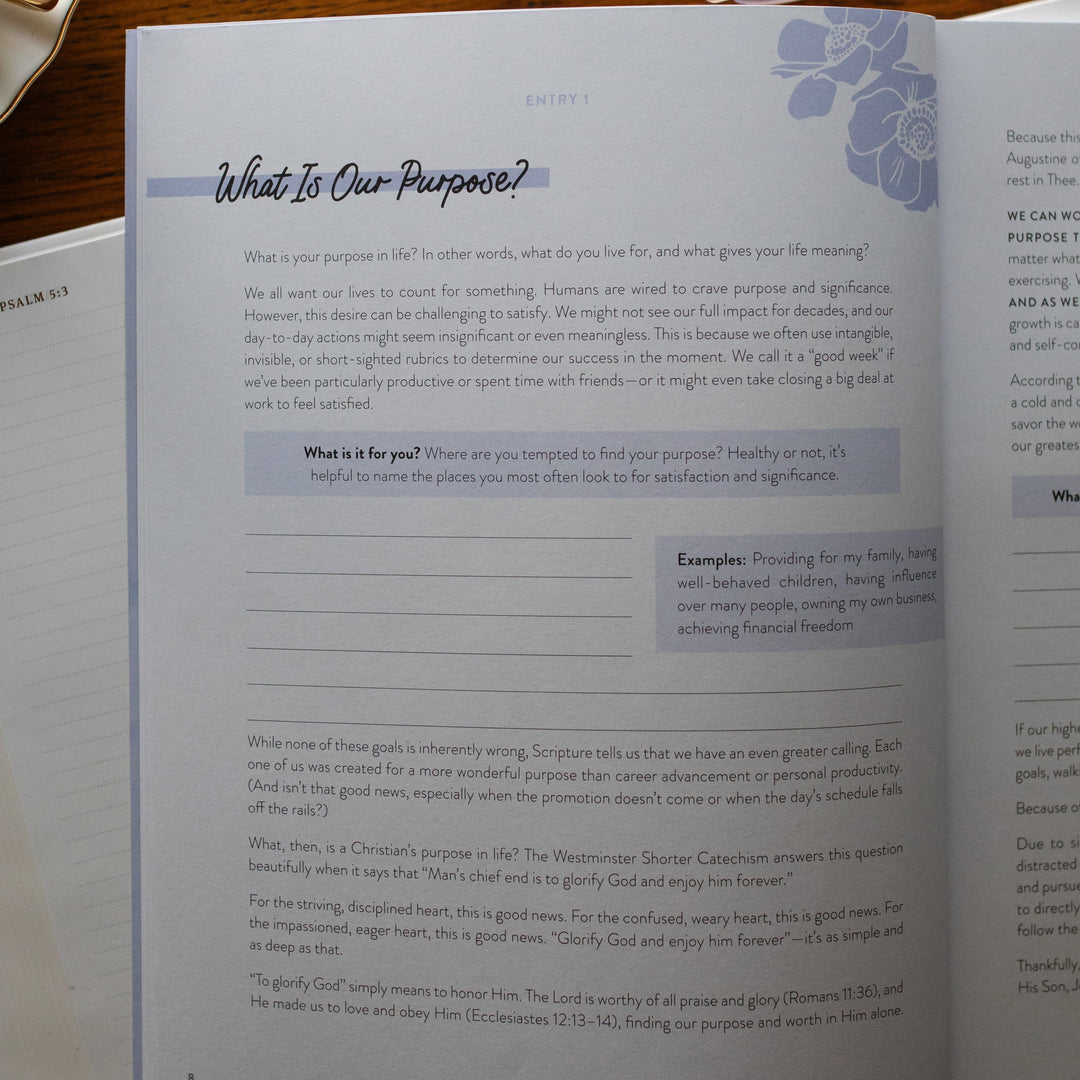 Example page titled What is our purpose in this is his year faith workbook for christian women around goal setting
