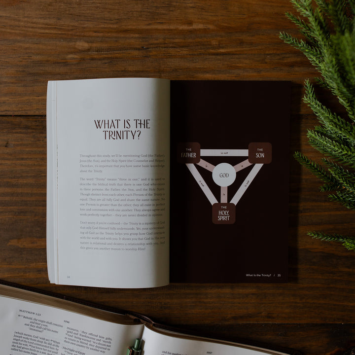 With you Always Teen Advent Study opened to the What is the Trinity page on a wooden table next to some greenery