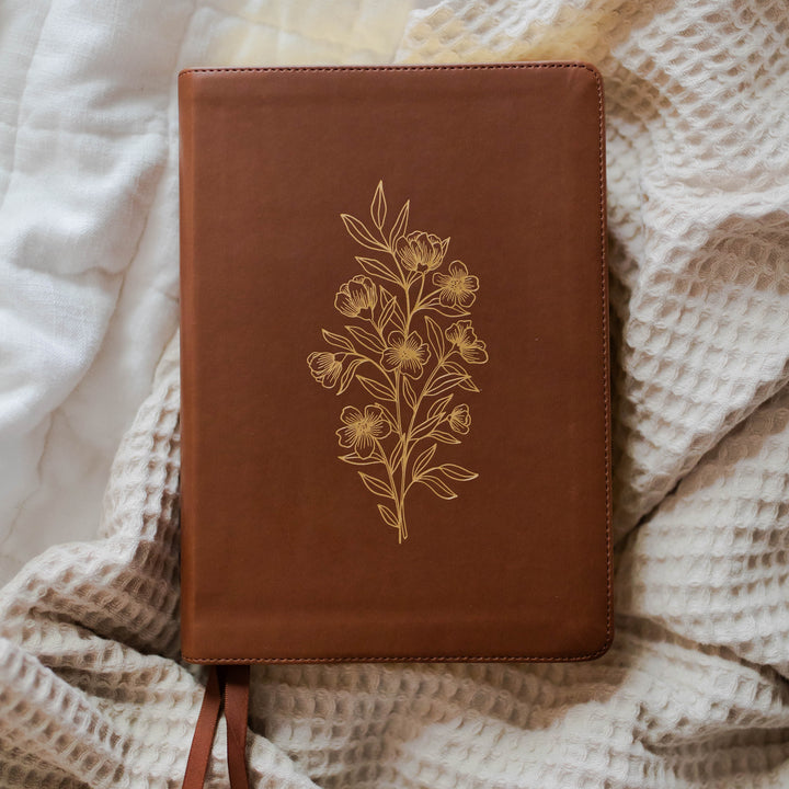 leather floral esv study bible in camel