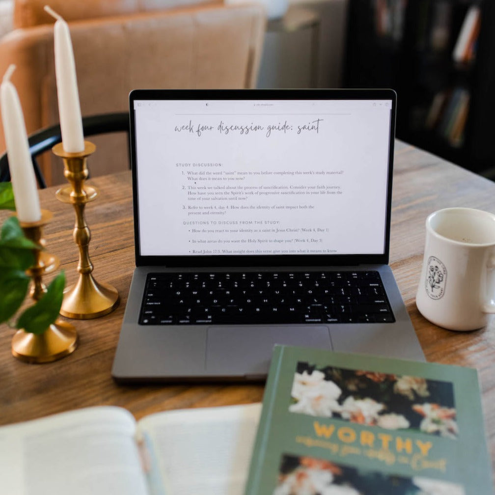 Embracing Your Identity in Christ Leader Guide pulled up on a laptop