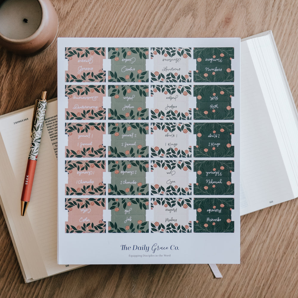 floral Bible tabs for women on journaling Bible on table