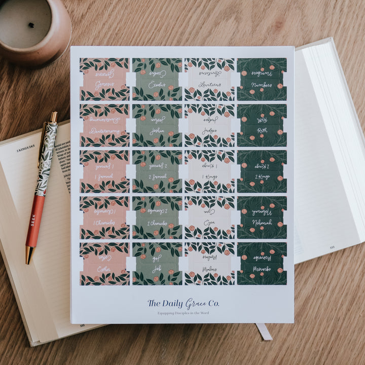 floral Bible tabs for women on journaling Bible on table