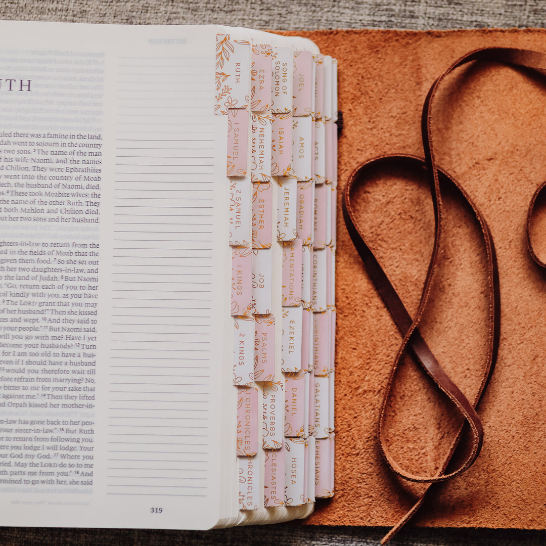 Bible Tabs with gold foil applied on the side of Journaling Bible