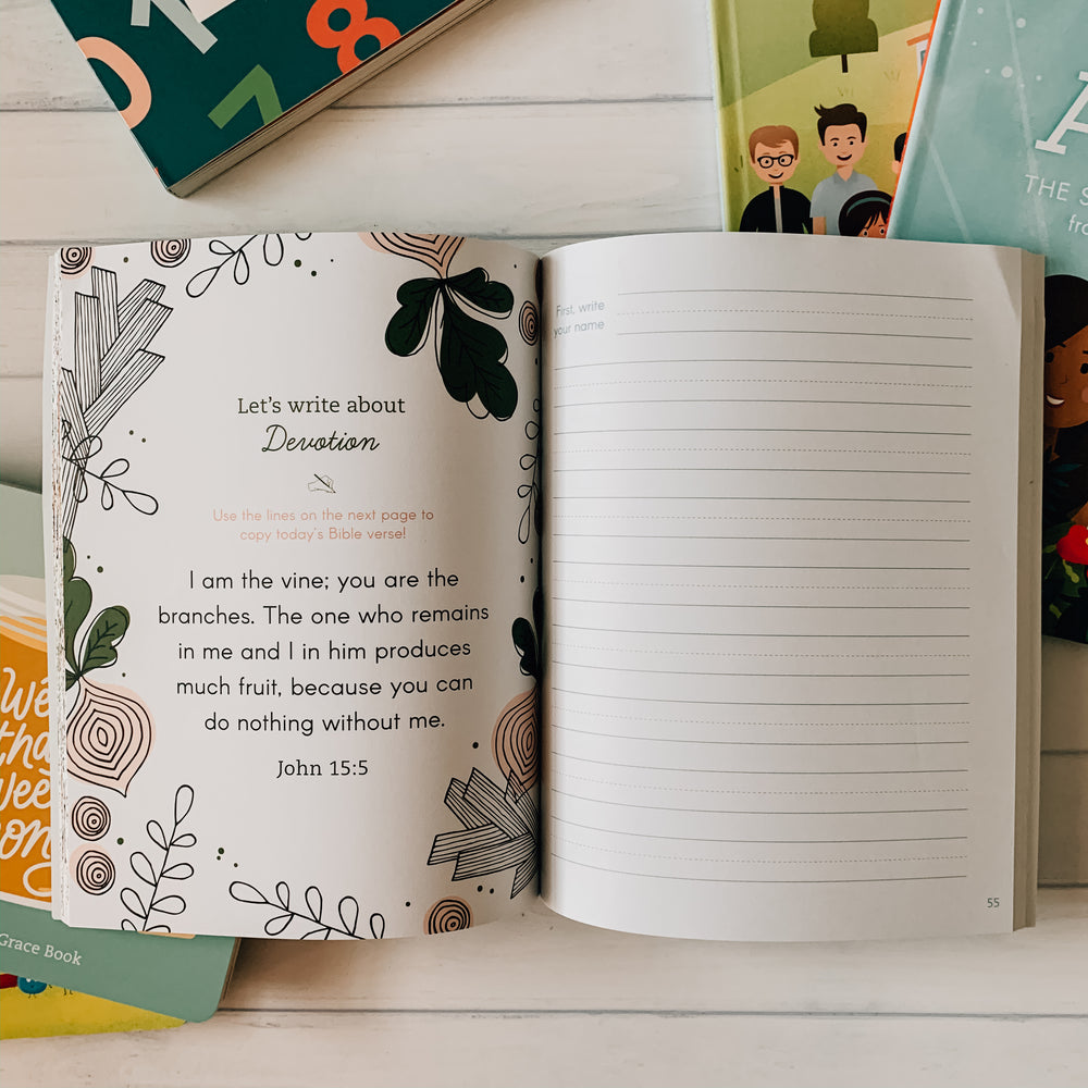 My Scripture Workbook: Bible Verses About Character is open to an activity page dedicated to Devotion on a table.