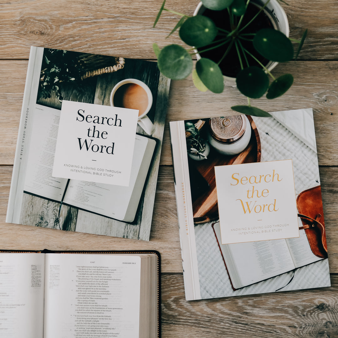 Two Search the Word Bible studies on a wooden table next to a plant.