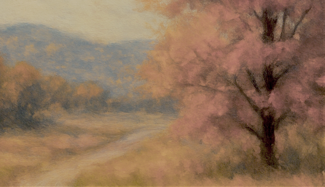 A painting of a pink tree next to a fuzzy road