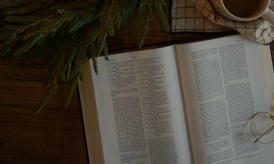 Glasses sitting on an open bible next to a coffee cup and some plants