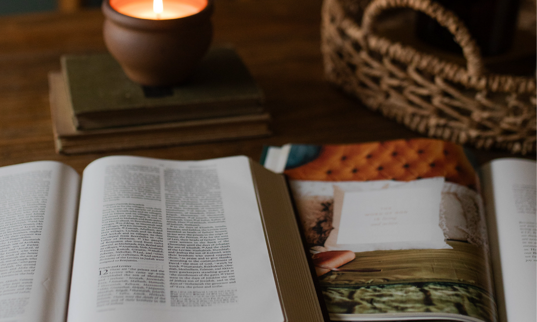 Open Bible on a table with a Bible study