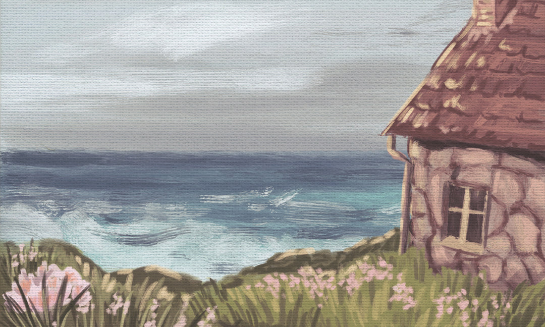 small house on a grassy hillside over looking an ocean