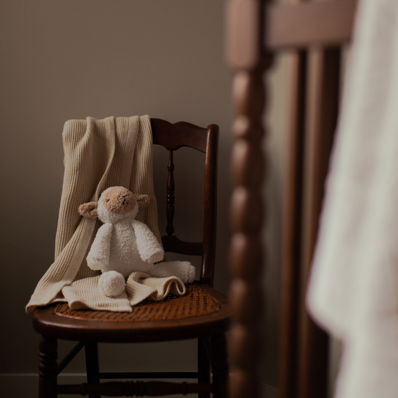 A lamb on a woven chair with a blanket on the back of the chair