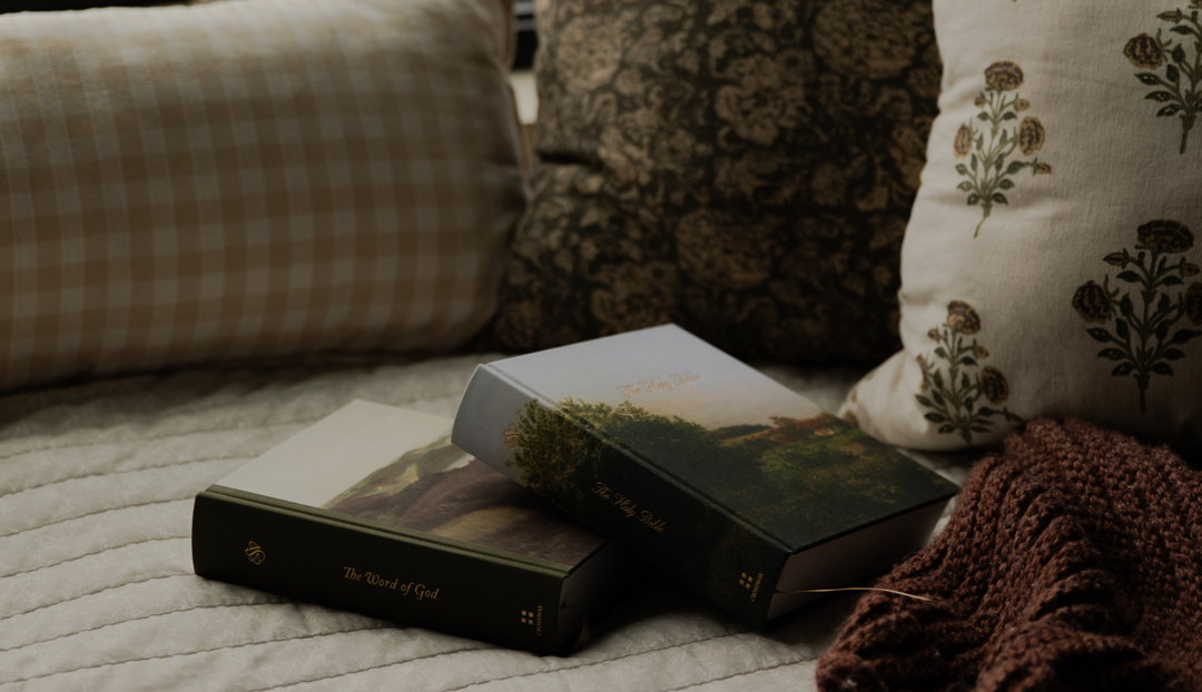 Two bibles stacked on each other on a couch near some pillows