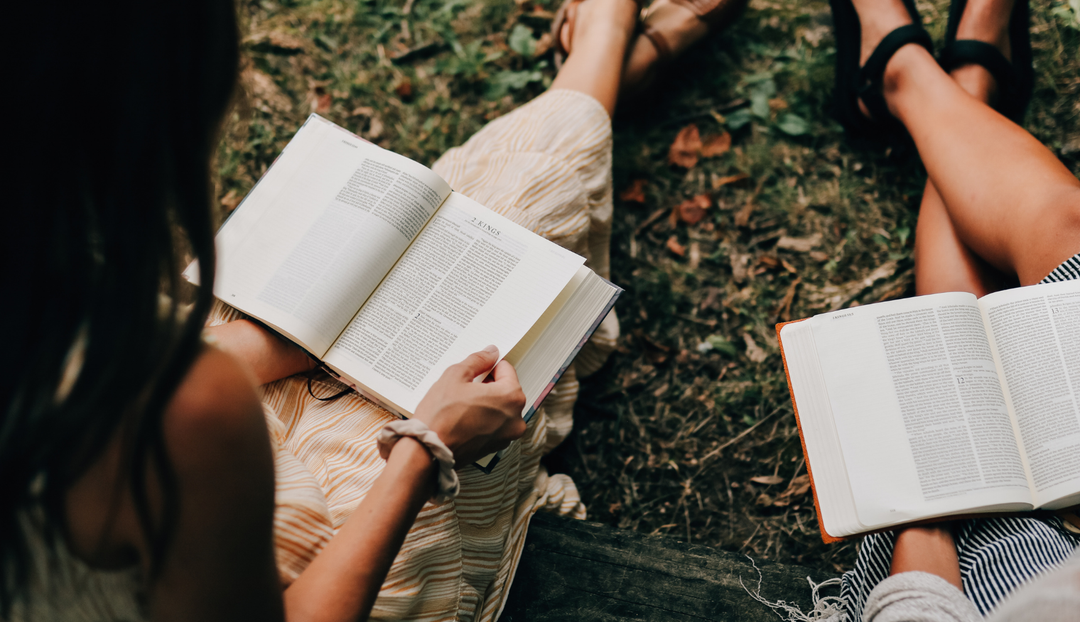 Two women sitting on some greenery reading two books