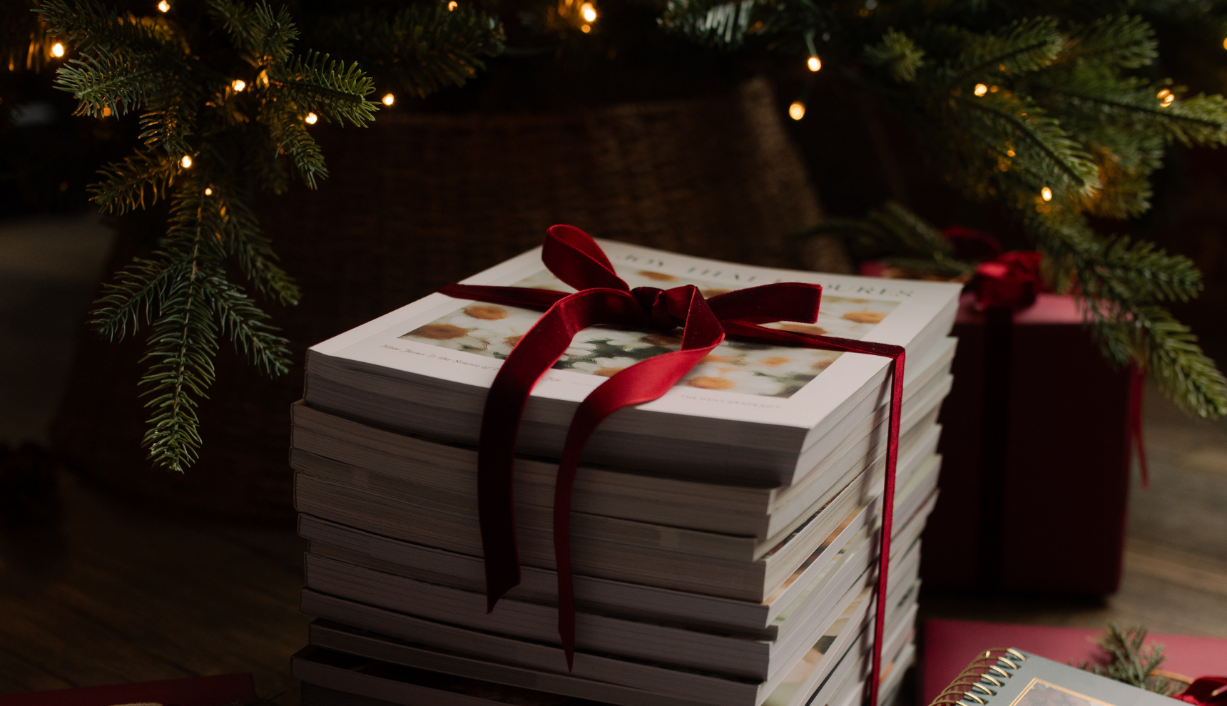 A stack of multiple Daily Grace bible studies with a red ribbon next to a Christmas tree