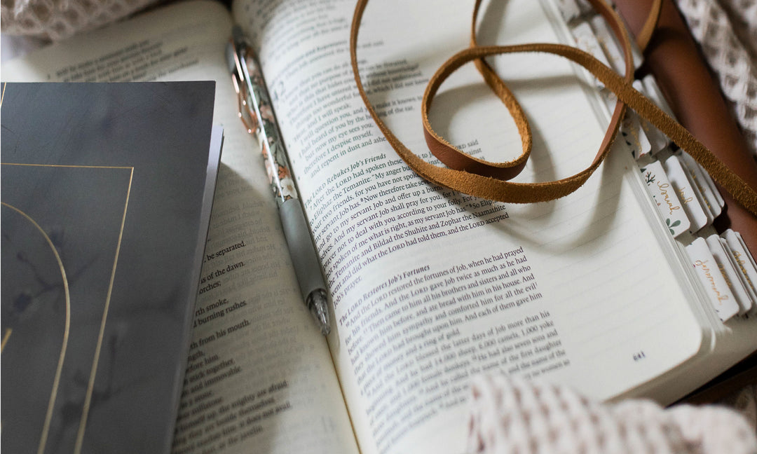 Pen laying in the middle of an open bible