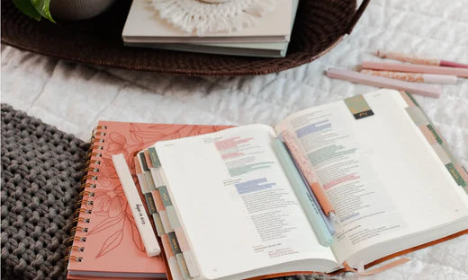 A Bible opened on-top of a closed pink journal on a white comforter with various pens laying next to it; There is a basket holding a book and a potted plant