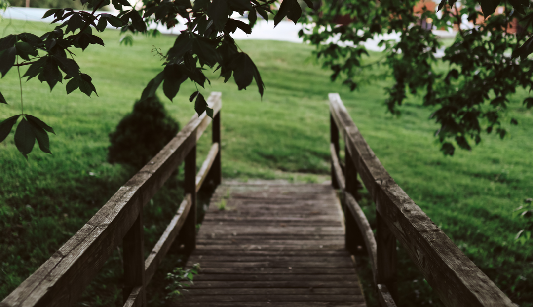 A wooden bridge crossing to a hill of grass