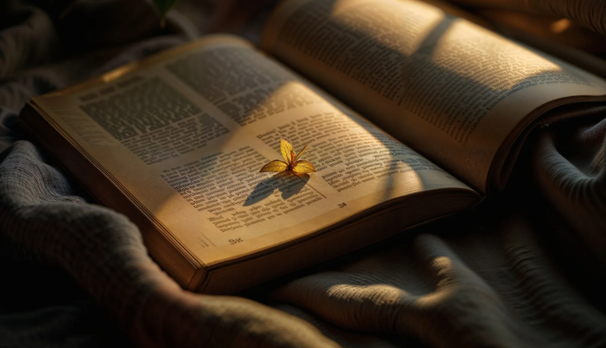 An open bible on a blanket with a small sprouting plant on the pages
