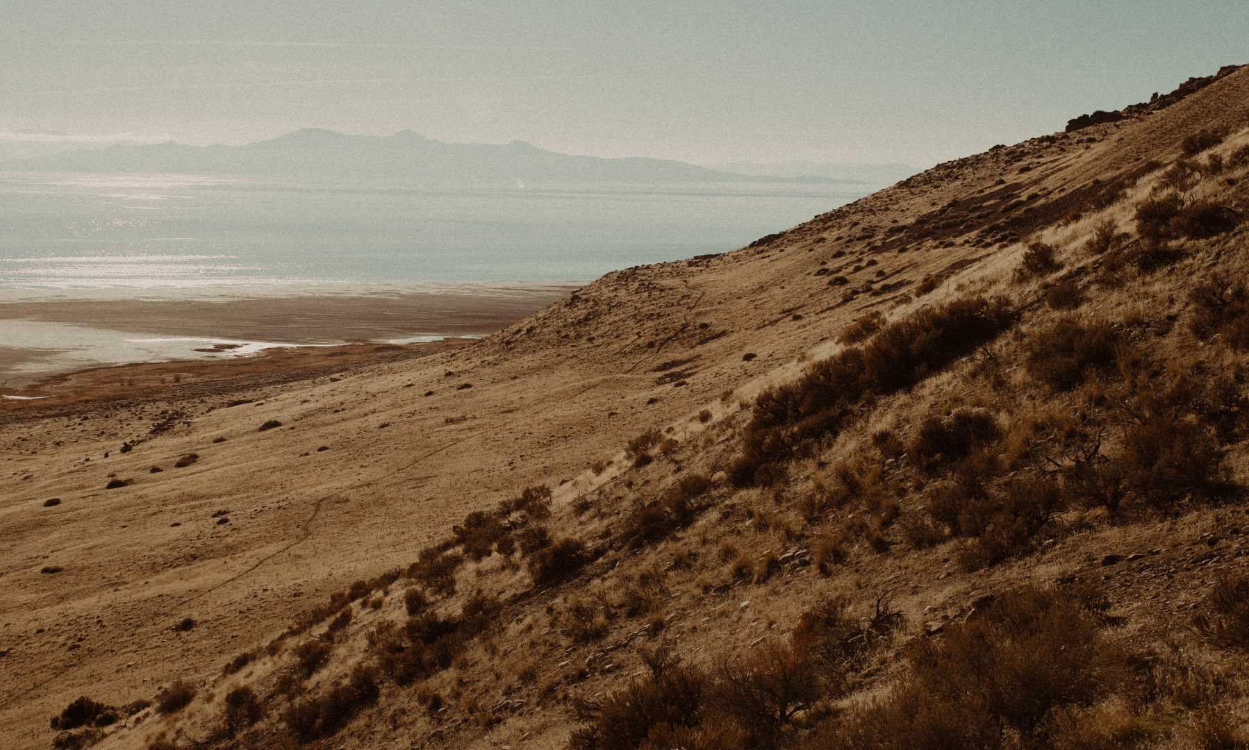A sandy slope overlooking a distant ocean