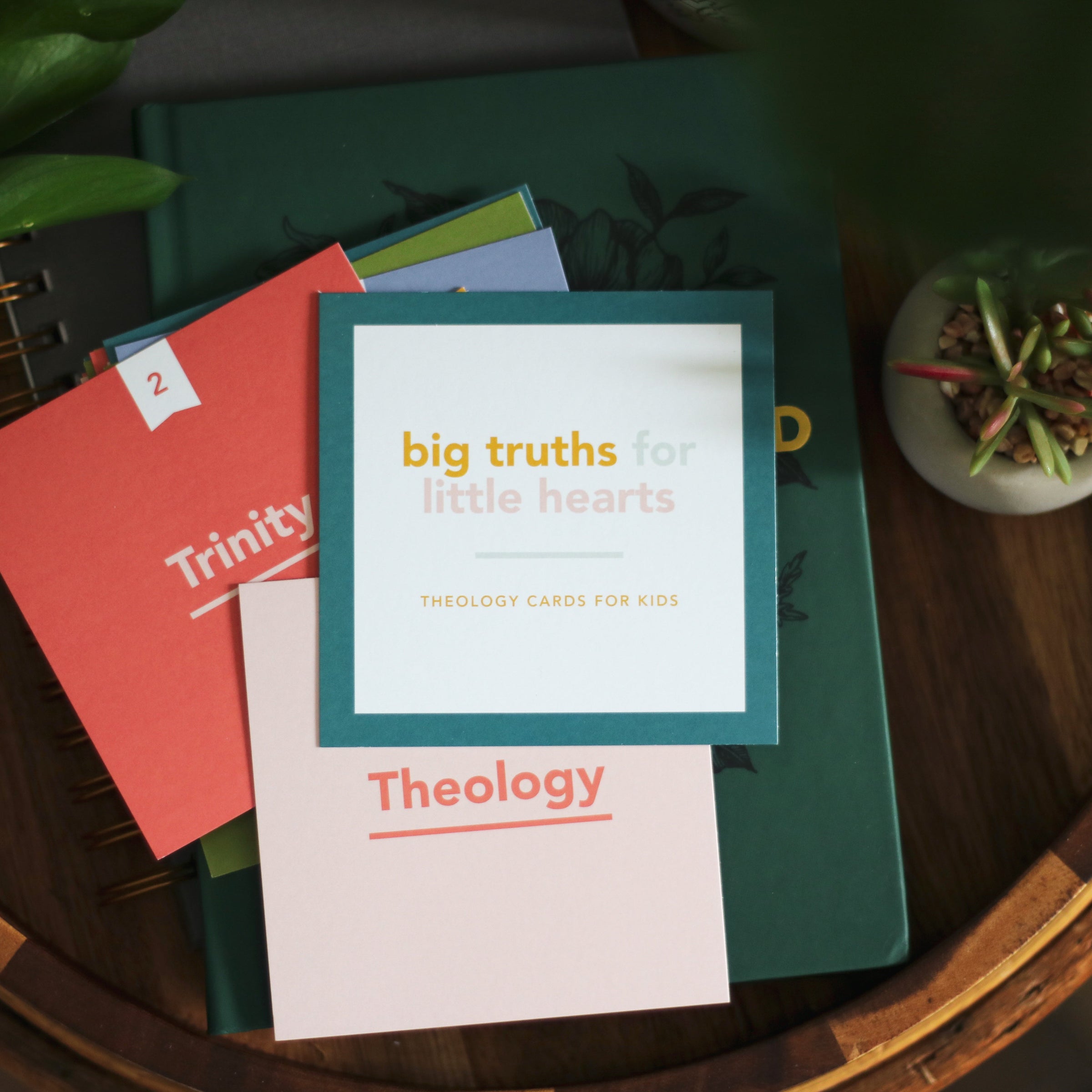 Kids Bible flash cards on coffee table