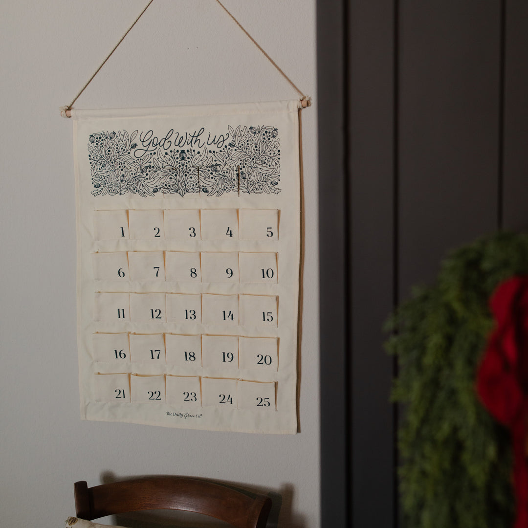 A side view of a advent wall calendar hanging