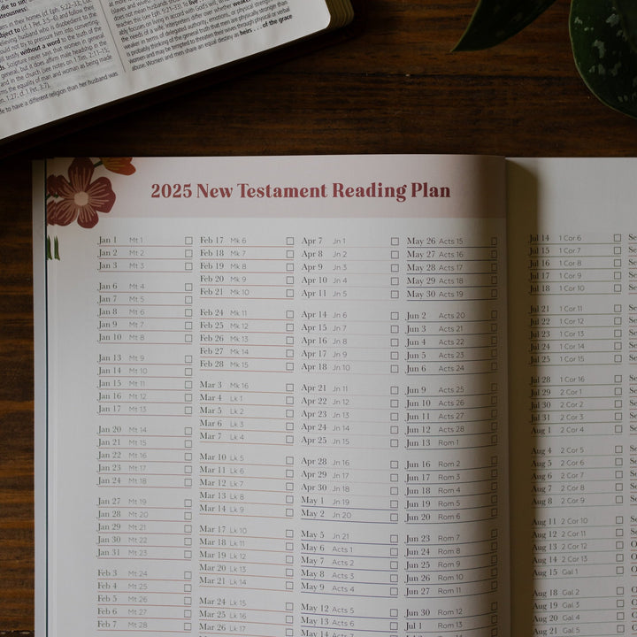 New Testament Reading plan for 2025 Prayer Calendar on a table with Bible in the background