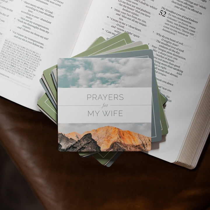 Multiple Prayers for my wife verse cards  stacked on an open bible