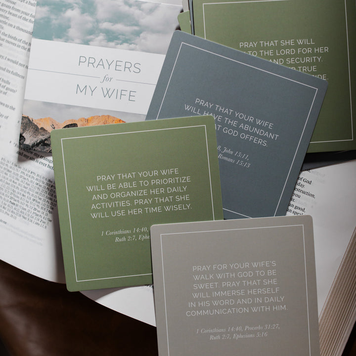 Multiple Prayers for my wife verse cards  spread over an open bible