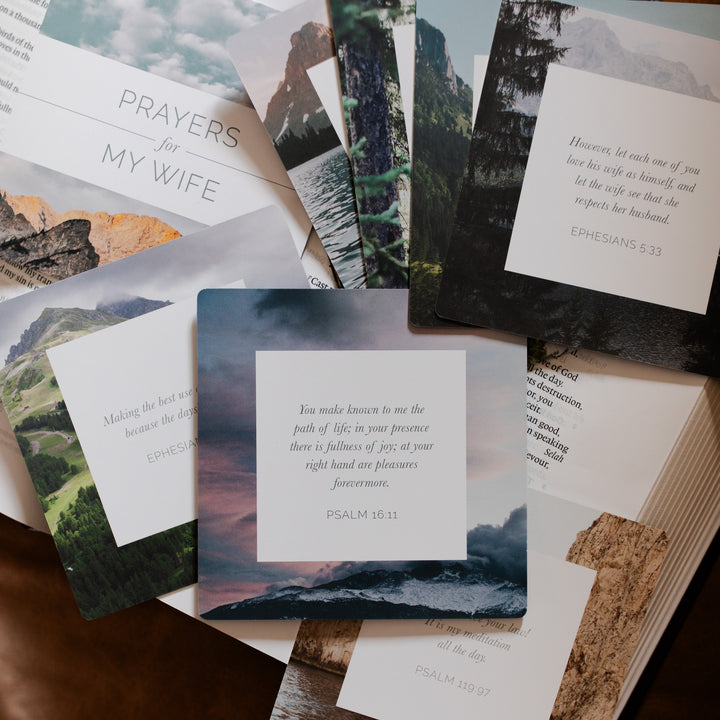 Multiple Prayers for my wife verse cards  spread over a page of an open bible
