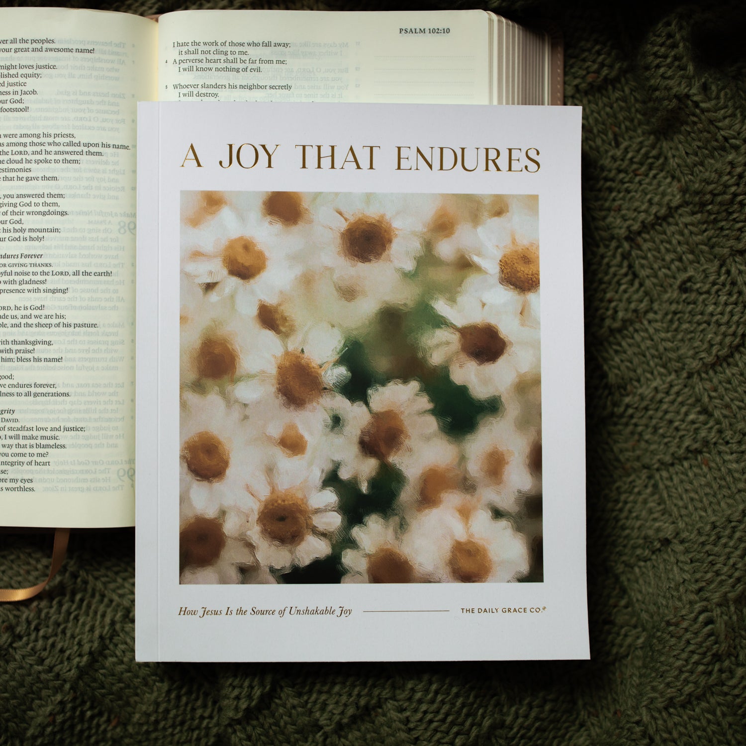 A Joy That Endures bible study cover laying on an open bible on a green knitted blanket