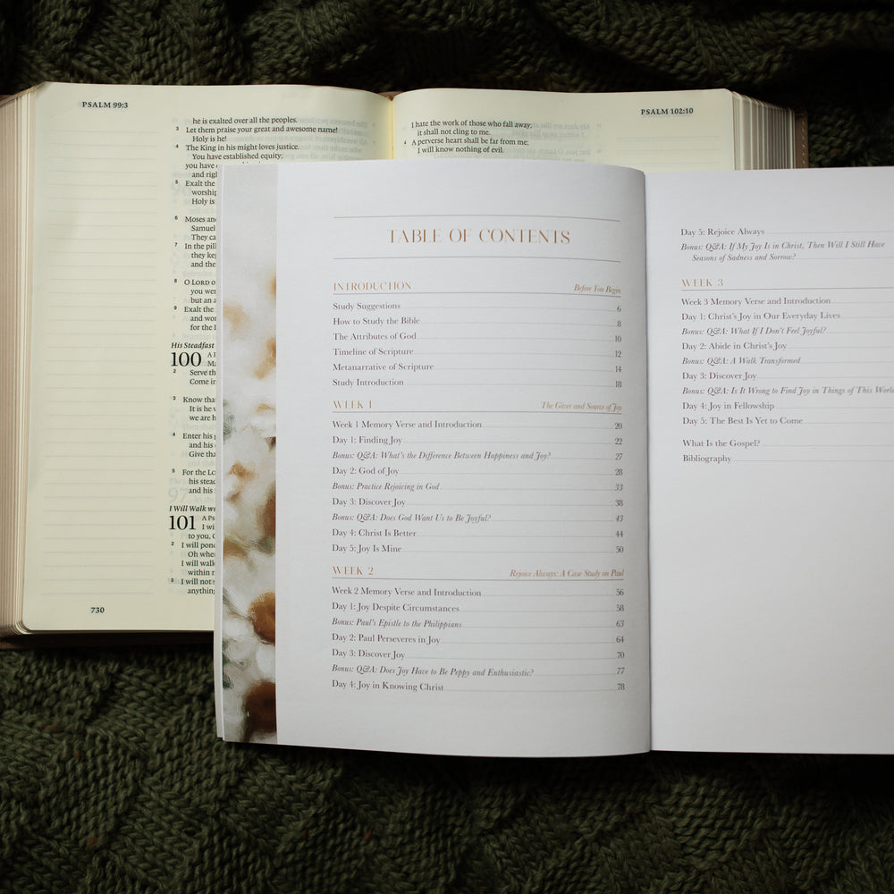 A Joy That Endures bible study opened to the table of contents laying on an open bible on a green knitted blanket