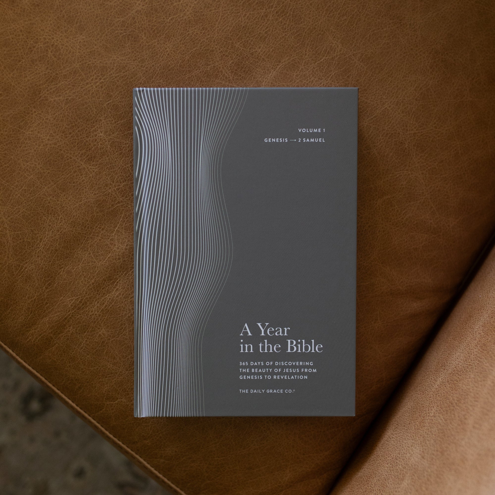 A Year in the Bible Hardcover cover on a leather couch